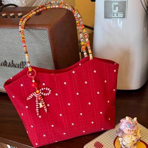 Korean Style Red Flower <b>Canvas</b> Tote <b>Bag</b> Custom New Color Knit Shoulder <b>Bag</b> <b>Large</b> Capacity Shopping <b>Bag</b> for Women - Product Image 1