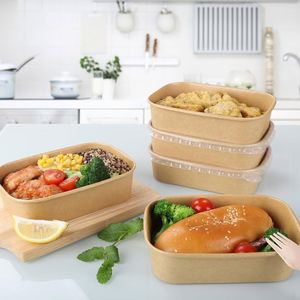 16 24 30 36oz Recyclable Disposable Single Wall Rectangular Brown Kraft Paper Soup Noodle Salad Food Bowl <b>Containers</b> with Lid - Product Image 4