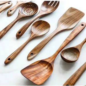 Teak Hout Koken Keuken Accesorios Gebruiksvoorwerpen Set Gereedschap Lepels Spatel Gebruiksvoorwerpen Voor Het Koken