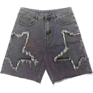 Shorts en jean baggy pour homme, taille haute, déchirés, coupe droite, style streetwear décontracté - Product Image 1