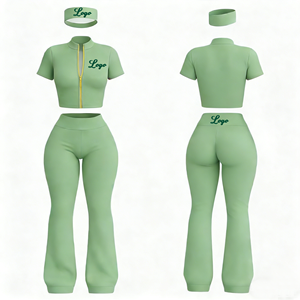 Custom logo Gym Y2K Fitness Workout Set Full Zip up Jacket <strong>Flared</strong> Yoga <strong>Leggings</strong> Matching Headband 3 Piece <strong>Women</strong> Activewear Sets - Product Image 3