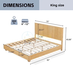 Elegant Natural Wood King Size <b>Bed</b> with Slatted <b>Platform</b> <b>Base</b> and Vertical Panel Headboard Modern Bedroom Furniture Bedstead - Product Image 4