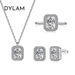 Dylam Classic Design Jewelry Set S925 Silver Rhodium Plated Eternity Band 5A Zirconia Bridal Wedding Stud Earrings Necklace Ring