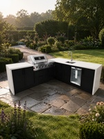 Cuisine extérieure modulaire en forme de L en acier inoxydable, barbecue compact à gaz 5 brûleurs écologique avec évier et réfrigérateur à boissons, îlot BBQ