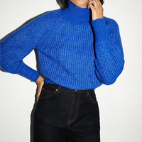 Pull en tricot épais bleu royal personnalisé pour femme, élégant, col roulé côtelé, manches raglan, chaud pour l'hiver