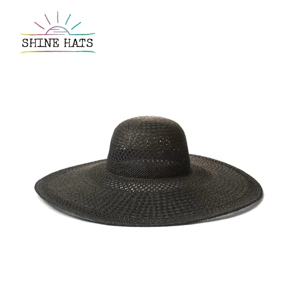 Shinehats 2024 OEM mewah Chic Floppy hitam kertas tali topi jerami matahari topi lebar wanita pantai musim panas wanita Sombrero