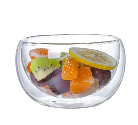 Ensaladera de frutas transparente, vajilla de vidrio de borosilicato de calor alto, tazón de vidrio de doble capa de alta temperatura