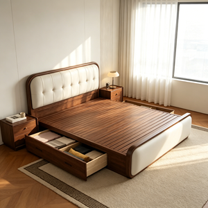 Minimalist Rubber Wood <b>Queen</b> <b>Bed</b> <b>Frame</b> Faux Leather Upholstered Headboard Durable Construction Storage Drawers Customizable <b>Size</b> - Product Image 2
