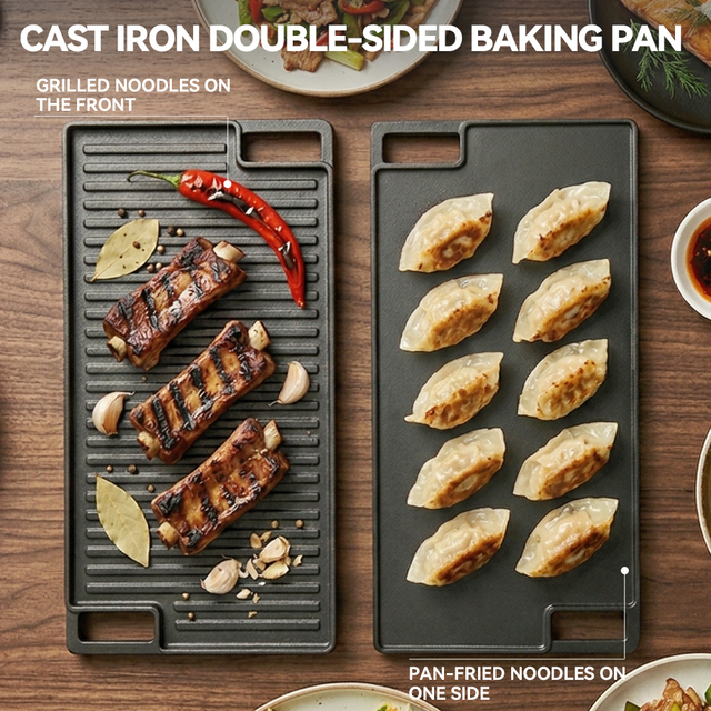46CM Outdoor Camping BBQ Cast Iron Double Size Baking Pan Griddles Grill Pan Roasting Pan