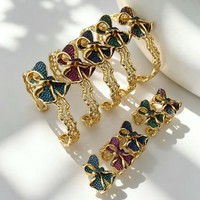 Ensemble bague et bracelet plaqué or 18 carats, nœud papillon sculpté en 3D, ajouré, maille ajourée, bleu ciel aqua radiant, pour femme, idéal pour les banquets