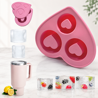 Moule à glaçons en silicone à 3 cavités avec couvercle, compatible avec les gobelets Stanley, en forme de cœur, bac à glaçons réutilisable, 3 tailles