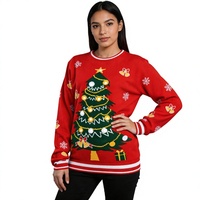 Pull de Noël rouge pour femme, col rond, manches longues, tricoté, pull de fête, vêtements décontractés d'hiver