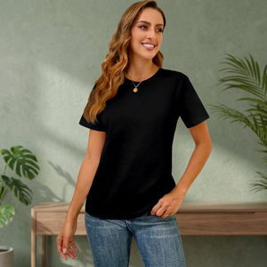Camiseta de Manga Corta con Cuello Redondo Negra para Mujer, Corte Regular, Color Sólido, Informal, de Algodón Jersey, para Todas las Temporadas - Product Image 3