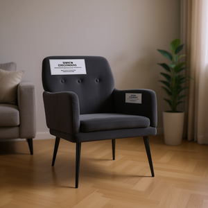 Poltrona Media in Velluto Grigio Scuro 100% Poliestere, Sedia da Soggiorno con Gambe in Metallo, Schienale Trapuntato, Stile Mid-Century Modern - Product Image 2