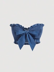 Femmes Unique Vintage été Streetwear sans manches Boob Tube Corset avec nœud Denim jean long décontracté hauts gilets - Product Image 3