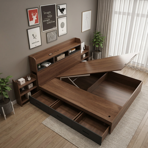 Modern Midcentury Solid Teak Wood King Size Multifunction Storage <b>Bed</b> with Lift up Mattress and <b>Drawers</b> - Product Image 2