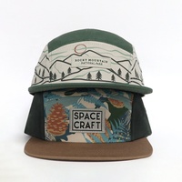 Casquette de camping respirante en coton imprimé à 5 panneaux, avec logo tissé personnalisé, bord plat, haute qualité, vente en gros, pour la randonnée en extérieur