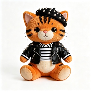 Peluche de Gato Naranja Estilo <span class=keywords><strong>Rock</strong></span> con Chaqueta de Cuero PU y Boina con Remaches, Juguete de Peluche de Gato Adorable - Product Image 3