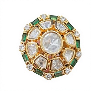 Flower Shape <b>Gold</b> Plated <b>Cocktail</b> <b>Ring</b> With Diamond And Emerald Inlay For Women Wedding Wear Glam Style - Product Image 2