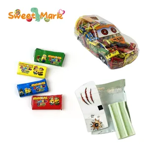 Cute car jar bubble gum with funny cartoon stickers mix fruit press gum