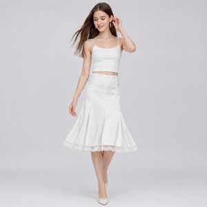 White Dropped Waist Midi Skirt Lace Trim Pleated A-Line Women Summer Casual Satin - Product Image 4