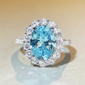 Best selling blue diamond cut ring platinum plated 925 sterling silver rings for women Engagement wedding blue zircon ring