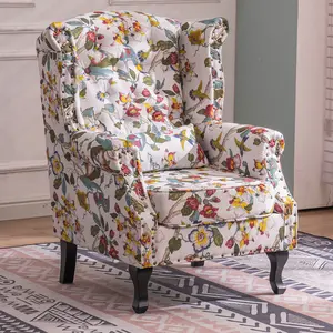 Wood Chesterfield Armchair Living Room Queen Anne High Back Wing Chair Linen Single Sofa Chair