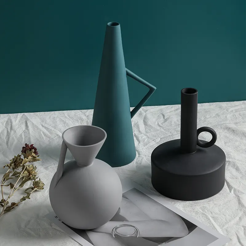 Vase en céramique à bouche étroite, joli Design géométrique, <span class=keywords><strong>minimaliste</strong></span>, décoration de la maison, Vase à fleurs en céramique, décoration moderne