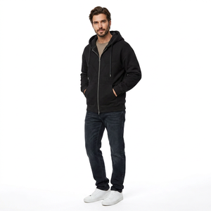 Sweat-shirt à capuche zippé intégral en molleton de coton noir pour homme, manches longues, couleur unie, coupe classique, doux, chaud, décontracté, automne-hiver - Product Image 1