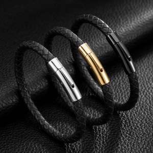 Leather Woven Bracelet Stainless Steel Magnetic Buckle 7.5 8.5 9 Inches Geometric Design Gift For <b>Men</b> Jewelry - Product Image 1