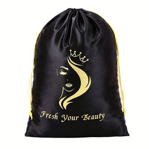 Sacs à perruques en satin de soie nude 18*30cm avec logo personnalisé, grands sacs d'emballage en satin, sacs à cordon en satin pour perruques - Product Image 4