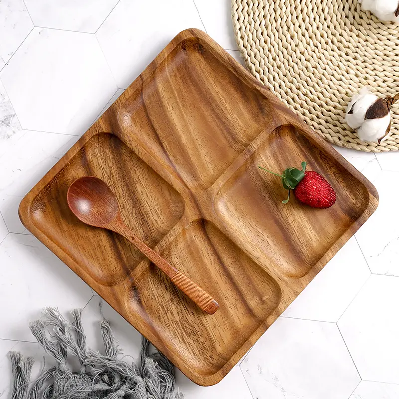 Acacia Wood Square Kitchen Tableware 4 Divided木製Food Fruit Serving Plate