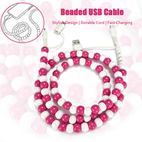 Câble de données USB Type C 4 en 1 rose et blanc contrasté avec perles, cordon de charge décoratif pour téléphone portable, écouteurs, ordinateur portable