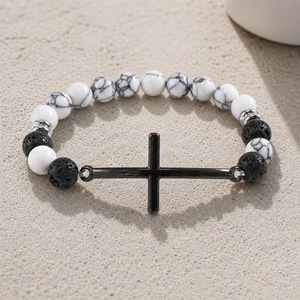 Braccialetto Go2boho con <span class=keywords><strong>Croce</strong></span> <span class=keywords><strong>Nera</strong></span>, Perline Rotonde Bianche Effetto Marmo, Gioiello Regalo Religioso Placcato Nero - Product Image 6