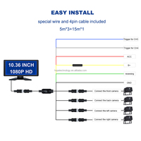 Dashcam 4K 10.36 pouces 1080p Moniteur de vision nocturne Enregistreur de conduite à 4 canaux Caméra de recul avant et arrière Écran partagé pour voitures