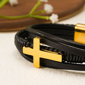 Cross Stainless Bracelet with Clasp Leather <b>Men</b> Bracelet - Product Image 5