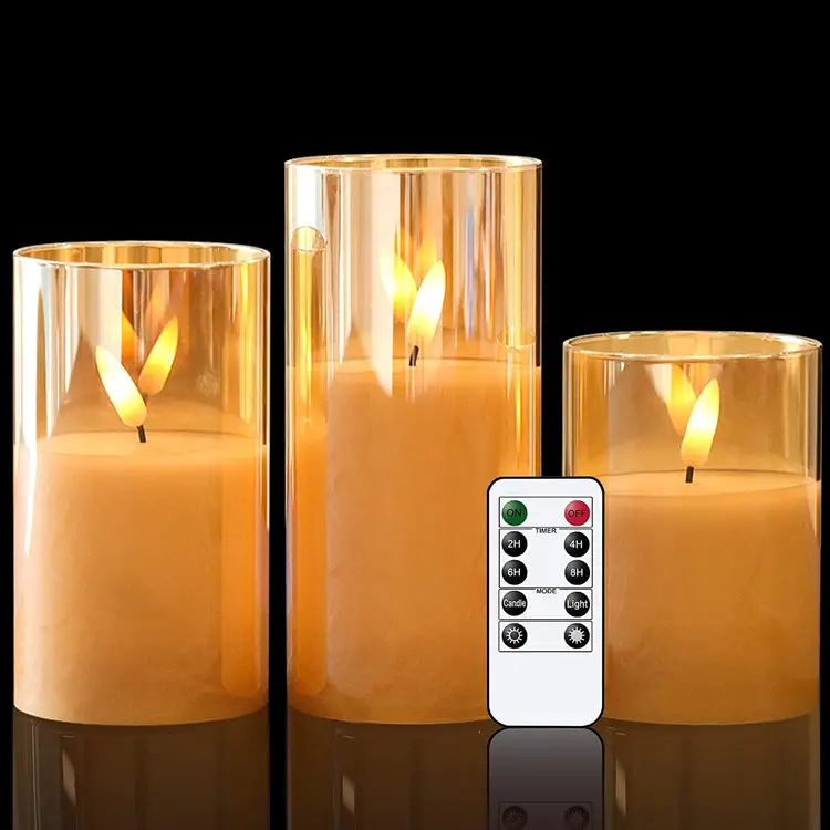 لهب حقيقي ثلاثي الأبعاد يعمل بالبطارية شمع led يمكن التحكم به عن بعد شموع إلكترونية بدون لهب زجاج رمادي