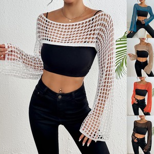 thumbnail image 2 of Women's Crochet Summer Tops - Short Sleeve Hollow Out Sweater Beach Coverup 2 of 11