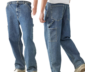 Vaqueros Rectos Holgados con Múltiples Bolsillos, Casuales, Tallas Grandes, Cintura Media, para Hombre, Poliéster/Algodón, Suavizante, Transpirables, Azules, Primavera Otoño, Personalizados - Product Image 1