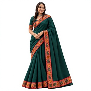 Women's Green Cotton <b>Saree</b> With <b>Red</b> And Yellow Border Traditional Indian Wear For Wedding All Seasons Regular Fit Floor Length - Product Image 1
