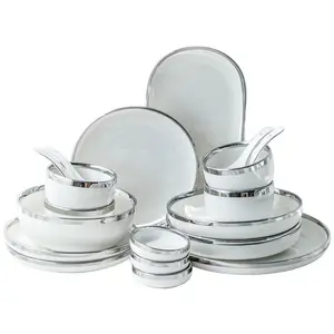 Modern Luxury Bone China White And Silver Dinner Plate Mexico Porcelain Dinnerware Set Ceramic Silver Edge