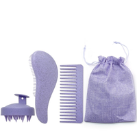 Ensemble professionnel de soins capillaires : Peigne démêlant à dents larges, Brosse démêlante, Brosse à shampoing laser avec manche en paille de blé et PC