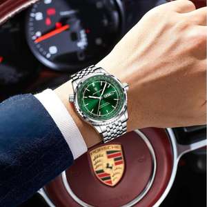 POEDAGAR 673 Montre de luxe pour homme, montre-bracelet à quartz classique, acier inoxydable vert argenté, Reloj élégant pour homme d'affaires, Reloj Clock - Product Image 3