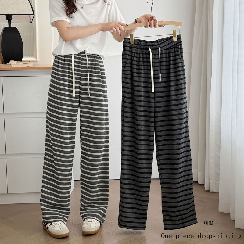 Women's Casual Striped Print Home Pants Popular Fashion with Versatile Elastic Waist Mid Waist Flat Front for Spring Season