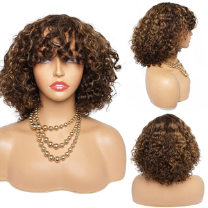 Barato corto Pixie flequillo corte Bob pelucas de cabello humano con flequillo peluca sin encaje 4/27 resaltar miel agua onda pelucas de color rubio - Product Image 2