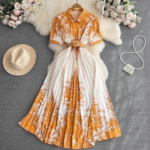 Abito lungo da donna elegante a maniche corte con risvolto, cintura in vita, monopetto, stampato, plissettato, linea ad A, ampia gonna, casual, per tutti i giorni e feste - Product Image 4