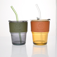 Gobelet à eau en verre coloré de 350 ml, bouteille de boisson en verre avec paille en verre