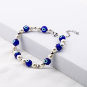 Faux Pearl Evil Eye Beaded Bracelet <b>Titanium</b> Steel Chain Unisex Jewelry Round Ball Shape Geometric Design XYB0117 - Product Image 1
