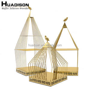 Huadison büfe ekipmanları kek ekran standları ayakta kuş kafesi şekli büfe meyve 2/3 katlı demir toptan altın kek standı - Product Image 3