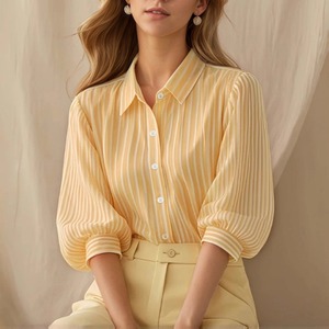 T739 2026 베스트셀러 스트라이프 7부 퍼프 소매 우아한 라펠 블라우스 (여성용) - Product Image 3
